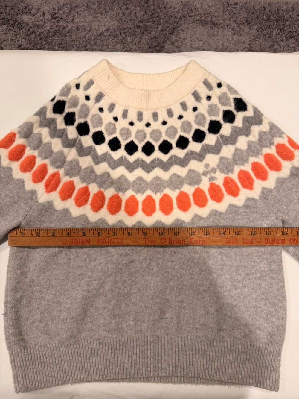 Club Monaco Gray Fair Isle Crewneck Sweater with Orange and Black Accents - Picture 6 of 10